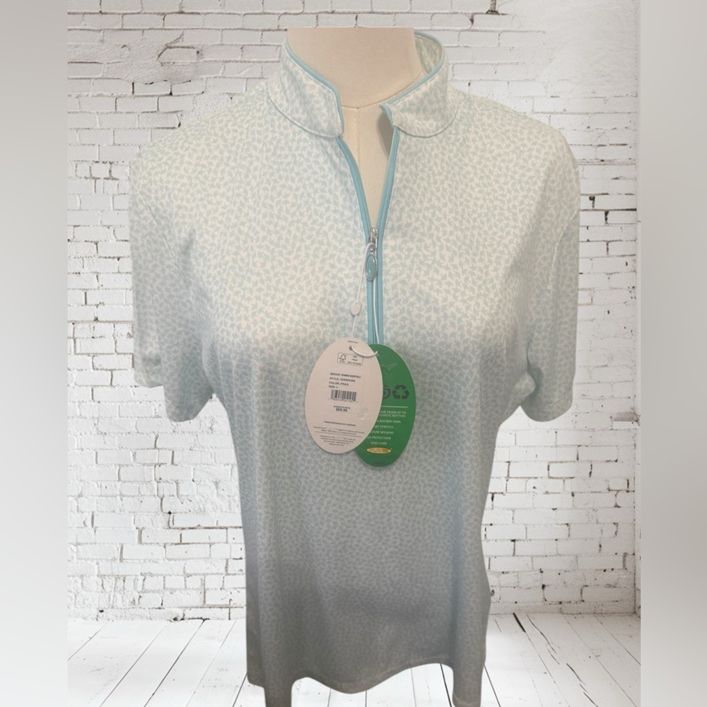 Greg Norman Women’s Umbrella Print Zip Polo | Pure Aqua | Size Large | NWT |